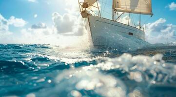 Close up low angle view of sailboat yacht in the ocean with a splash of water photo