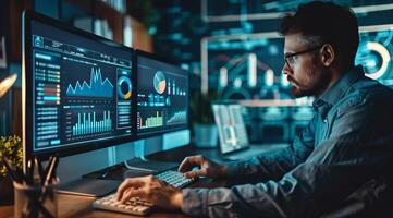 Business Analysis concept. Business analyst using graphs and data to analyze market trends photo
