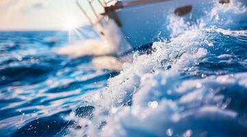Close up low angle view of sailboat yacht in the ocean with a splash of water photo