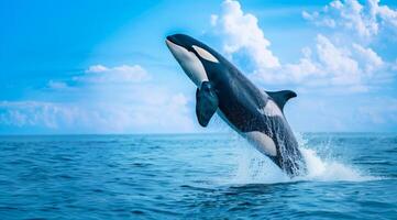 A large orca whale is leaping out of the water. Concept of animal conservation and grace photo