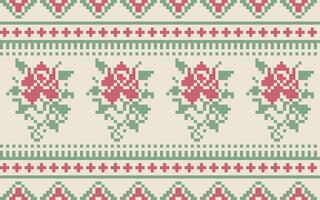 Seamless floral pixel pattern on white background. Traditional oriental ethnic geometric embroidery. Aztec style abstract background. Design for surface, fabric, clothing and wrapping. vector