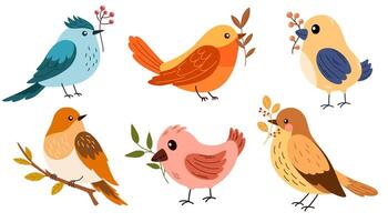Autumn birds set. Different beautiful birdie with berries and branch. cartoon illustration in childish style isolated on white. vector