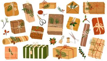 Christmas gifts in kraft paper set. DIY rustic present boxes in craft wrappings with twine bows and branches, Xmas wreaths, envelopes. Colored flat illustrations isolated on white background vector