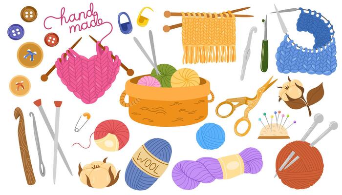 Knitting set. Yarn and threads, skein of wool, knitting needles, yarn basket, weaving wool, scissors pack. Needlework, tools for sewing and knitting collection. Flat illustration isolated