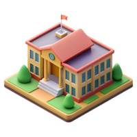 Isometric icon of 3d school building with green trees and bushes on the transparent background png