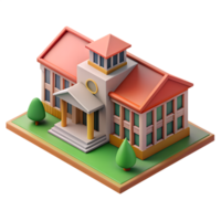 Isometric icon of 3d school building with green trees and bushes on the transparent background png