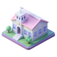 Isometric icon of 3d school building with green trees and bushes on the transparent background png