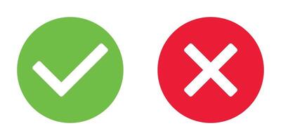 green tick and red x in circle, OK check mark and X cross icon symbol, illustration isolated on a white background vector