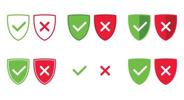 set of green and red shield with OK check mark and X cross icon symbol, illustration isolated on a white background vector