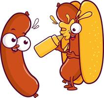 Cartoon sausage and a hot-dog character holding a bottle of mustard and splashing itself with sauce. Fast food restaurant sandwich and sausage and sauces. vector