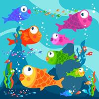 Fish swimming underwater. Little cute colorful fish under the sea floor. vector