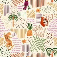 Tropical summer beach patchwork seamless pattern. jungle palm tree, leopard, doodle elements, stripes, polka dots, toucan bird, pineapple. Cute exotic print, hawaii background, wallpaper. vector