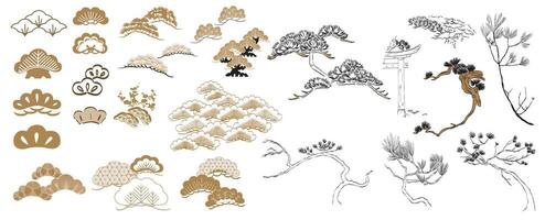 Set of hand drawn branch of bonsai tree with Japanese pattern . Oriental pine tree decoration with logo design, flyer or presentation in vintage style. vector