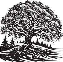 A black and white drawing of a tree with snow on the branches vector