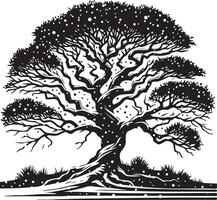 A black and white drawing of a tree with snow on the branches vector
