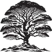 A black and white drawing of a tree with snow on the branches vector