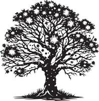 A black and white drawing of a tree with snow on the branches vector