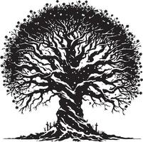 A black and white drawing of a tree with snow on the branches vector