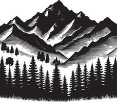 Hand drawn mountain range and trees silhouette vector