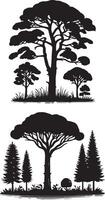 Different type of Vintage forest pine trees with ground soil silhouette vector