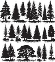 Different type of Vintage forest pine trees with ground soil silhouette vector