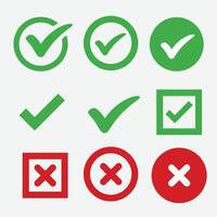 Green check mark and red cross mark icon set Isolated tick symbols Checklist signs Approval badge Flat and modern checkmark design vector