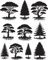 Different type of Vintage forest pine trees with ground soil silhouette vector