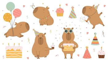 Funny capybara Happy Birthday big set vector