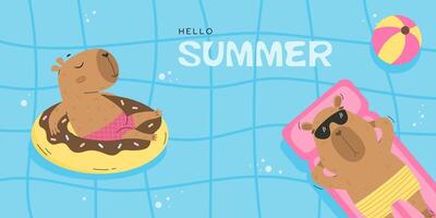 Funny capybaras floating in swimming pool vector