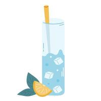 Water with ice and lemon in glass with straw vector