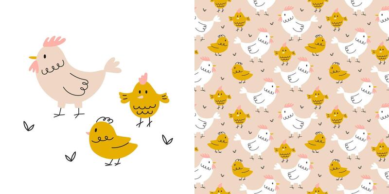 Seamless pattern with cute hen and chicks