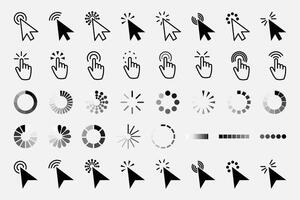 Pointer click icon. Clicking cursor, pointing hand clicks and waiting loading icons. Website arrows or hands cursors tools, computer interface button. Isolated symbols collection vector