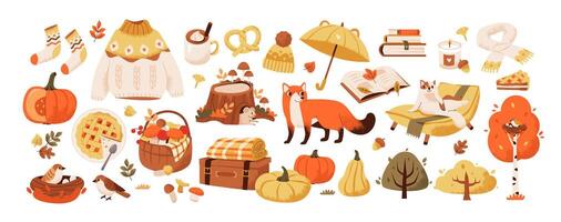Autumn set with cute animals, plants and cozy autumn accessories. Books and cocoa with pumpkin pie for fall passtime. vector