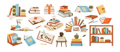 Books, diaries, textbooks with bookmarks for reading and studying. Literature set. Cozy flat illustration of books on a shelf and with flower pots vector