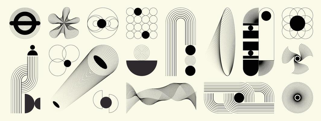 Hand drawn abstract minimal element mid century set. Aesthetic contemporary stripe line art, geometric shape in monochrome. Art form design for wall art, decoration, wallpaper.