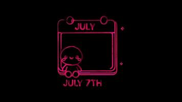Glowing looping Tanabata day Calendar showing July 7th or August 7th in some regions. neon frame effect, black background. video