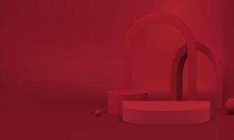 3d red showcase podium with arch wall background for show realistic illustration vector