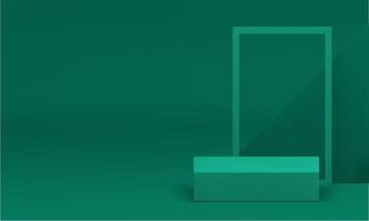 Green 3d showcase podium with geometric shapes wall background realistic illustration vector