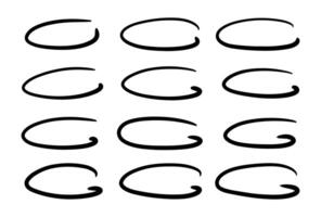 Doodle ellipses set. Scribble ovals by pen or pencil, bubbles to circle and highlight text. Sketch highlights. Handwriting horizontal ellipses isolated on white background. vector