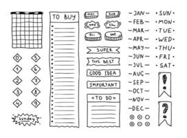Doodle black bullet journal. Hand drawn elements, numbers, month names and days of the week, stickers, planner labels. Sketch scribble style. illustration for diary, planner, notebook vector
