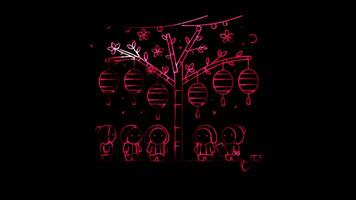 Glowing looping Tanabata day Display of bamboo branches with paper decorations. neon frame effect, black background. video