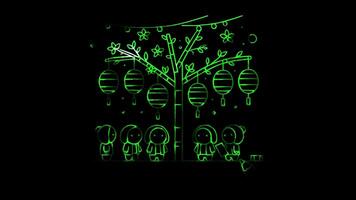 Glowing looping Tanabata day Display of bamboo branches with paper decorations. neon frame effect, black background. video