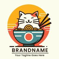 Happy cat in a ramen bowl logo with warm colors and a minimalist design vector
