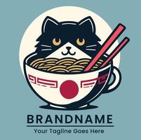 Playful cat in a ramen bowl logo with vibrant colors and a joyful expression vector