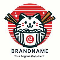 Cute cat eat ramen logo with a red backdrop and cheerful design elements vector