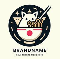 Playful cat in a ramen bowl logo with a geometric style and modern elements vector