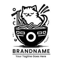Monochrome logo with a cute cat in a ramen bowl featuring minimalistic design elements vector