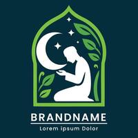 Elegant mosque logo with a serene prayer scene and natural elements vector