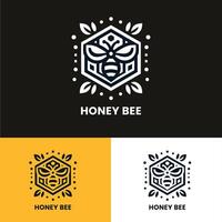 Elegant honey bee logo with leaves and hexagonal pattern perfect for eco friendly branding vector