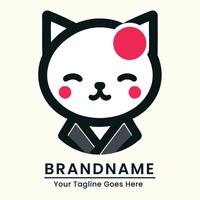 Traditional Japanese inspired cat logo featuring a cat with traditional attire and a distinct red circle on its head vector